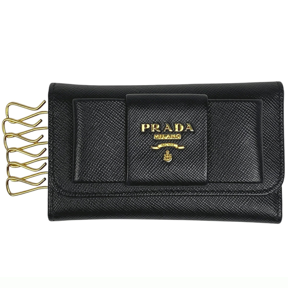 Prada Case Wallet Key Hook Ribbon Leather Nero Black